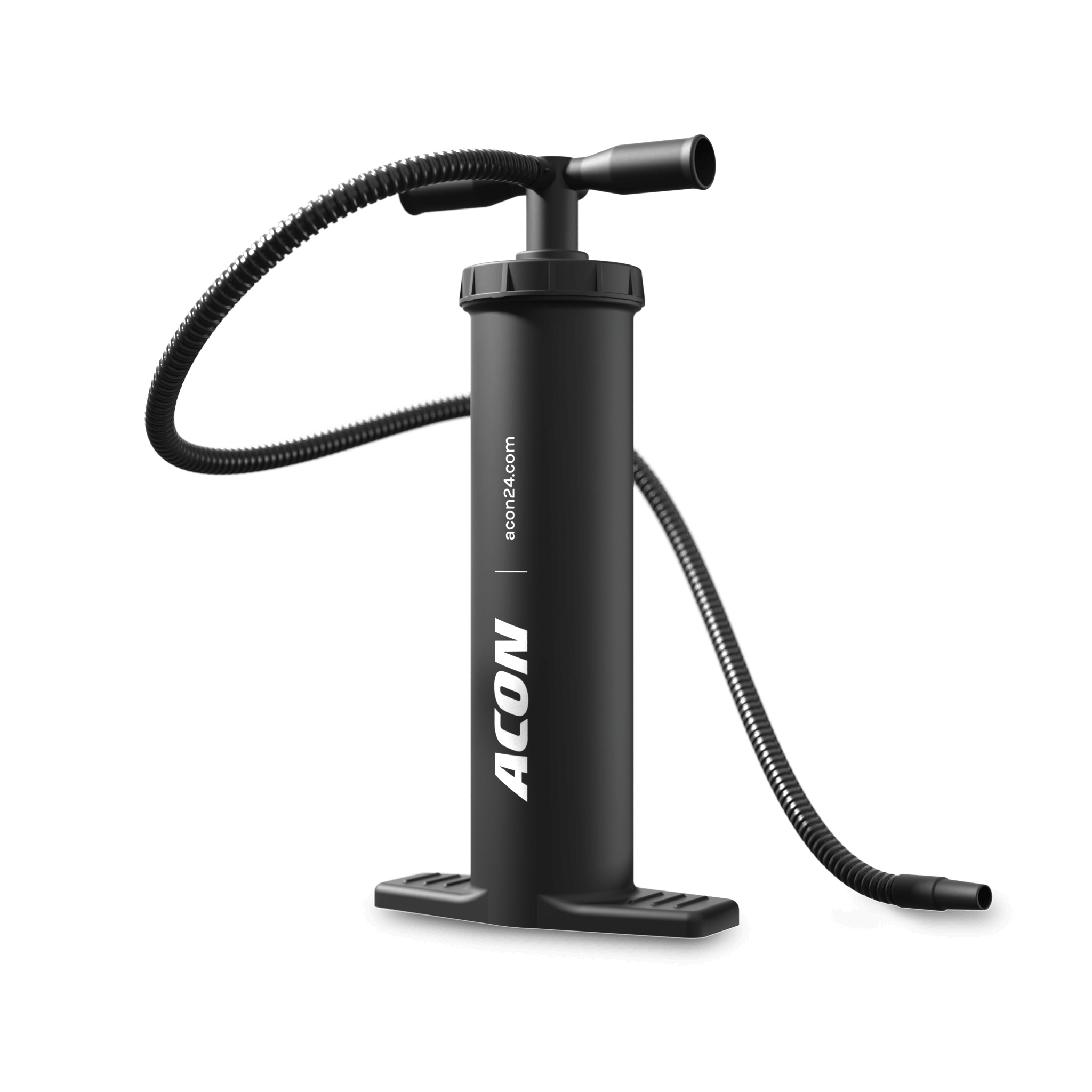 Svart luftpump från Acon som används för att blåsa upp det rektangulära studsmattetältet. Pumpen har en flexibel slang och ett ergonomiskt handtag som är utformat för effektiv uppblåsning.