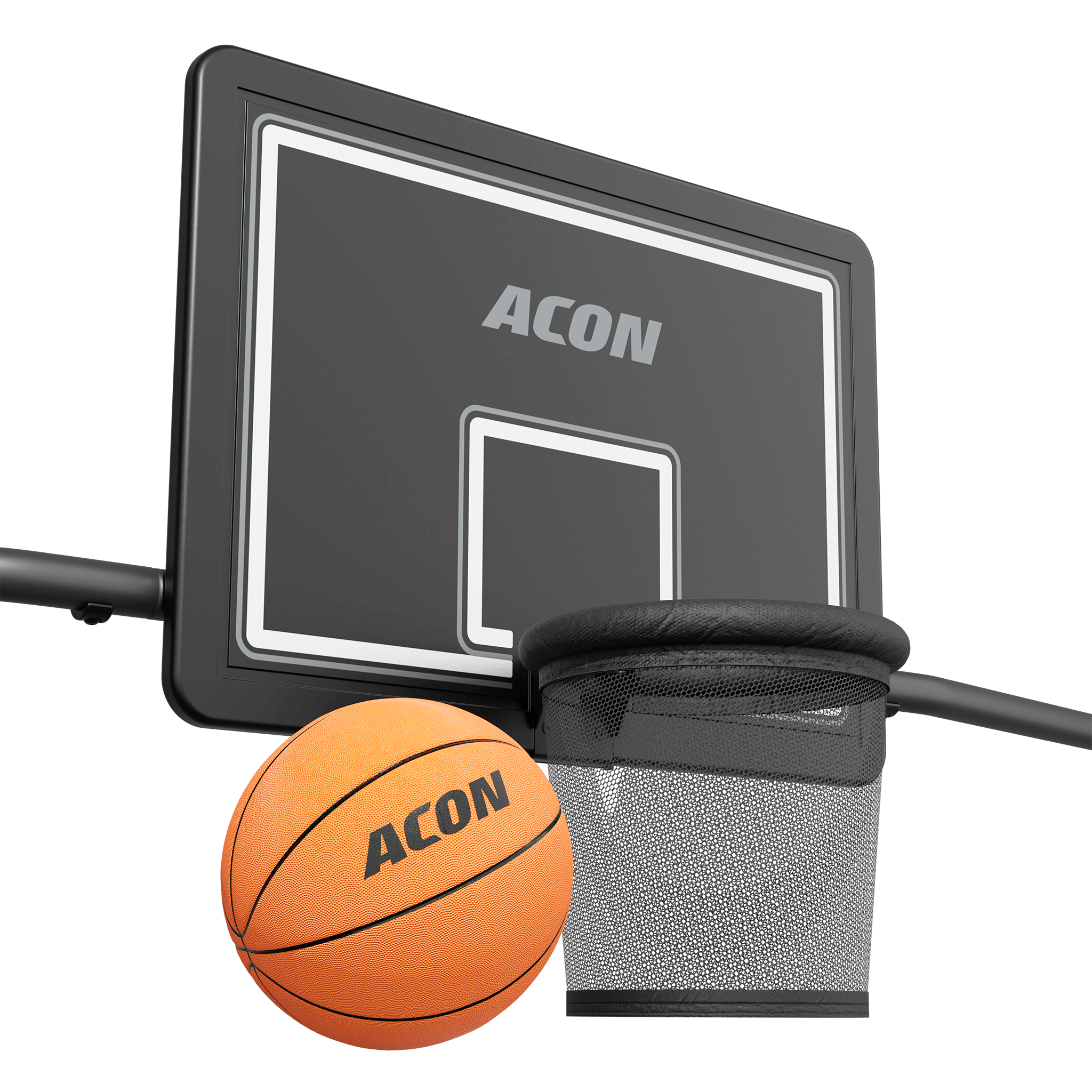 Närbild av Acon X Studsmattans basketkorg och basketboll.